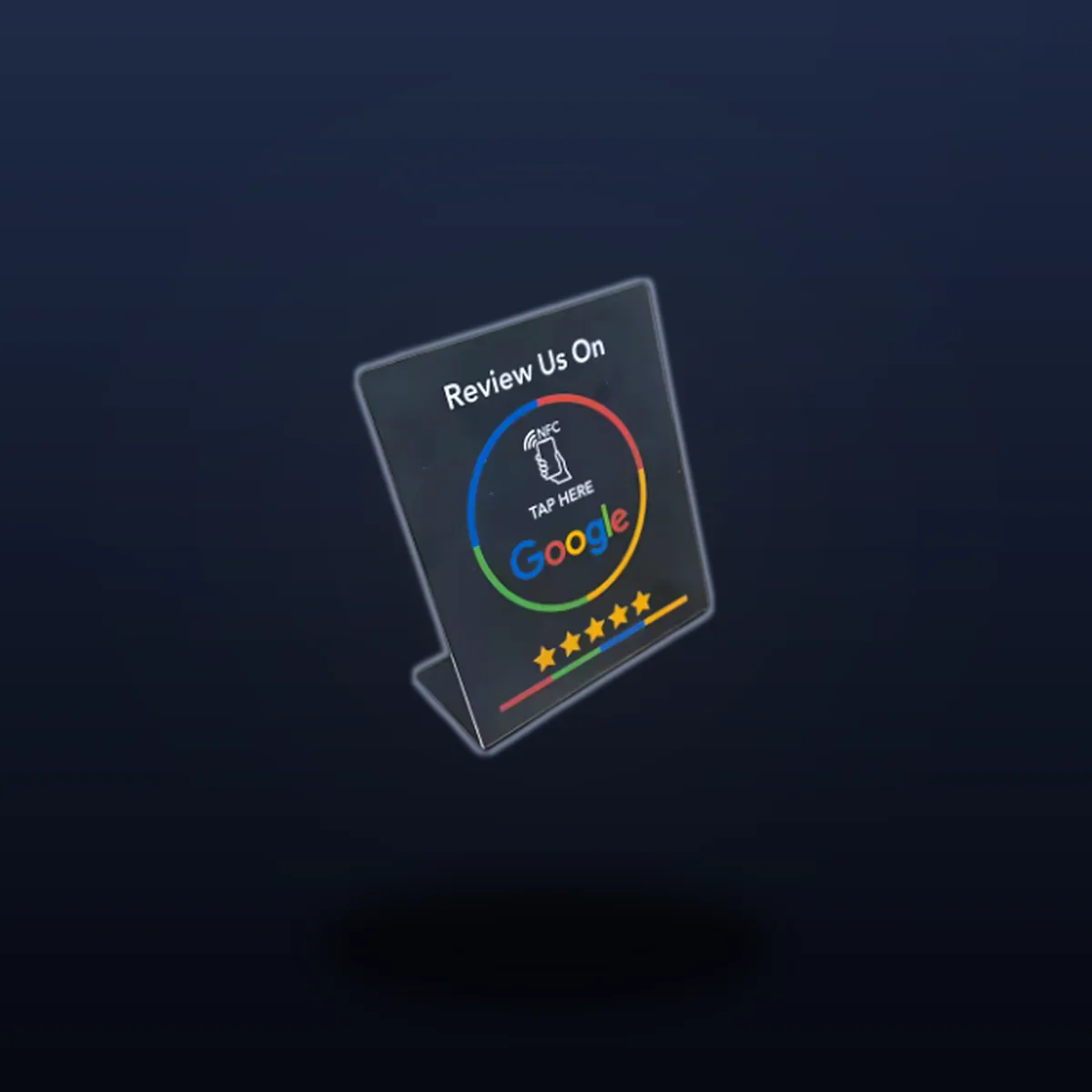 Tarjeta de sobremesa negra TapStars con icono NFC y logo de Google